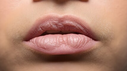 Close-up of lips revealing dryness and texture. Focus on detail and skin condition. Beauty in the details. Visible dryness, texture, and structure.