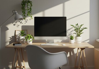 Desktop Computer with Plants on Wooden Table in Bright Room