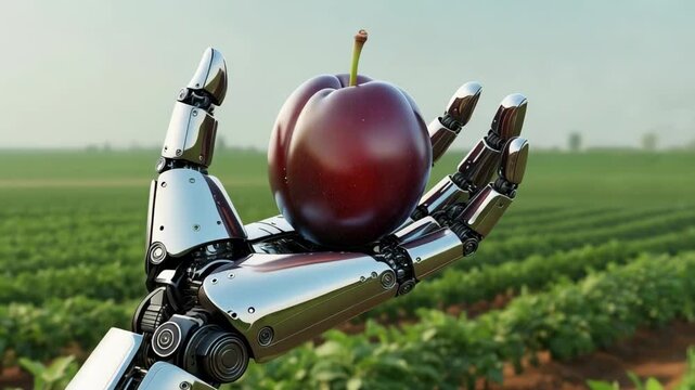 Futuristic robotic hand holding a plum in an agricultural field
