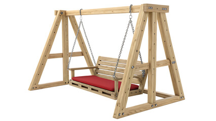 Wooden Swing with Red Cushion isolated on white background as transparent. PNG.AI GENERATED
