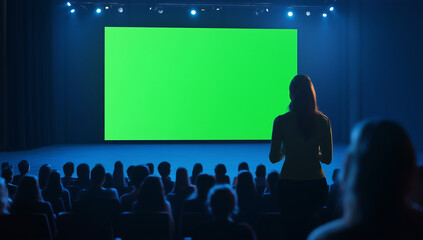 Large green screen mock-up on stage in front of an audience, digital presentation or conference concept with customizable content display