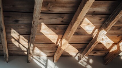 Sunlit wooden ceiling beams, interior view, home.  Use Interior design.
