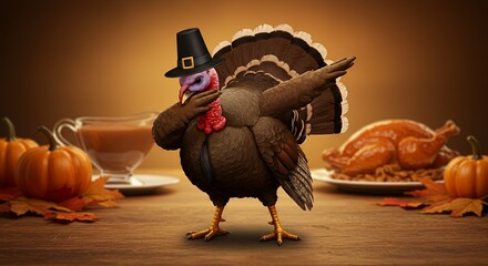 A cartoon turkey wearing a pilgrim hat, surrounded by Thanksgiving foods and autumn decorations.