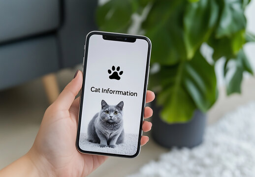 Hand holding a smartphone displaying "Cat Information" with a cat in the blurred background, concept of pet care and digital resources