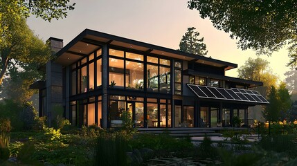 Modern two-story home with large windows