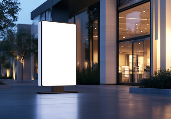 One empty illuminated billboard mockup standing outside a modern shopping center at night, blank advertising display for branding and commercial promotions