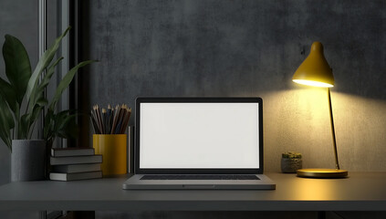 Blank laptop screen mockup on a stylish modern desk with a yellow lamp and dark industrial background, workspace template for branding and digital presentations