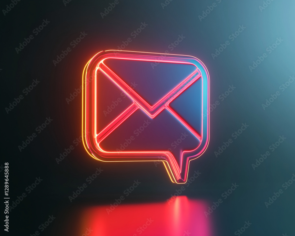 Poster Neon glowing envelope in a speech bubble on dark background representing communication, messaging, and modern technology concepts