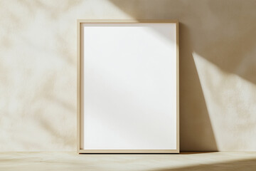 Wooden mock up poster frame by the wall