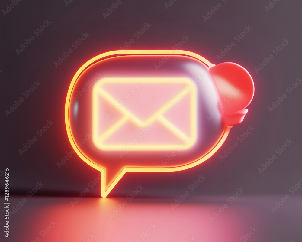 Poster neon glowing envelope inside a speech bubble with a seal, representing messaging, communication, and