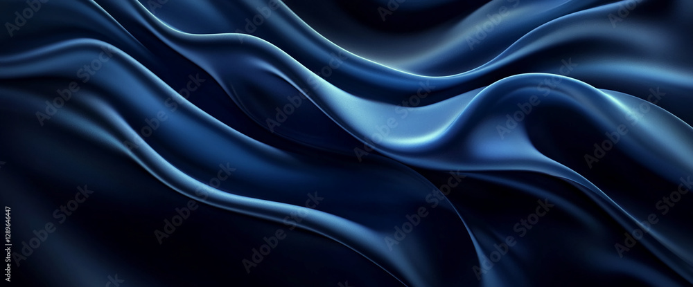 Poster abstract blue satin fabric with flowing, soft curves creating smooth waves and luxurious texture, sy