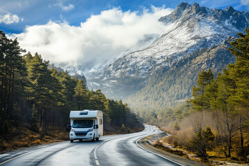 Scenic mountain highway with modern camper motorhome on spring day