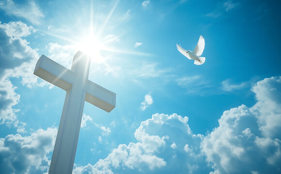 Large white cross against a bright blue sky with sun rays and a flying dove, religious symbolism of faith, hope, and spirituality