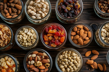 "Assorted Nuts in Glass Jars – Healthy Snack Collection"
