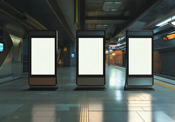 3 empty illuminated advertising poster frame mockups at a modern public transportation station, blank billboards for urban branding and commercial marketing