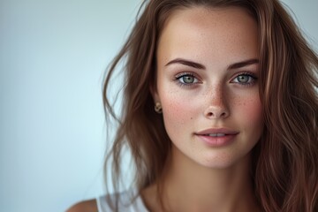 Obraz premium A young woman with freckles and long hair smiling softly against a light background.