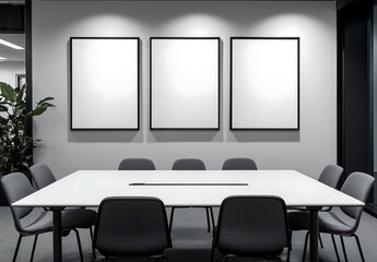 Three empty poster frame mockups mounted on a dark conference room wall with professional lighting, blank wall art templates for corporate branding and business presentations