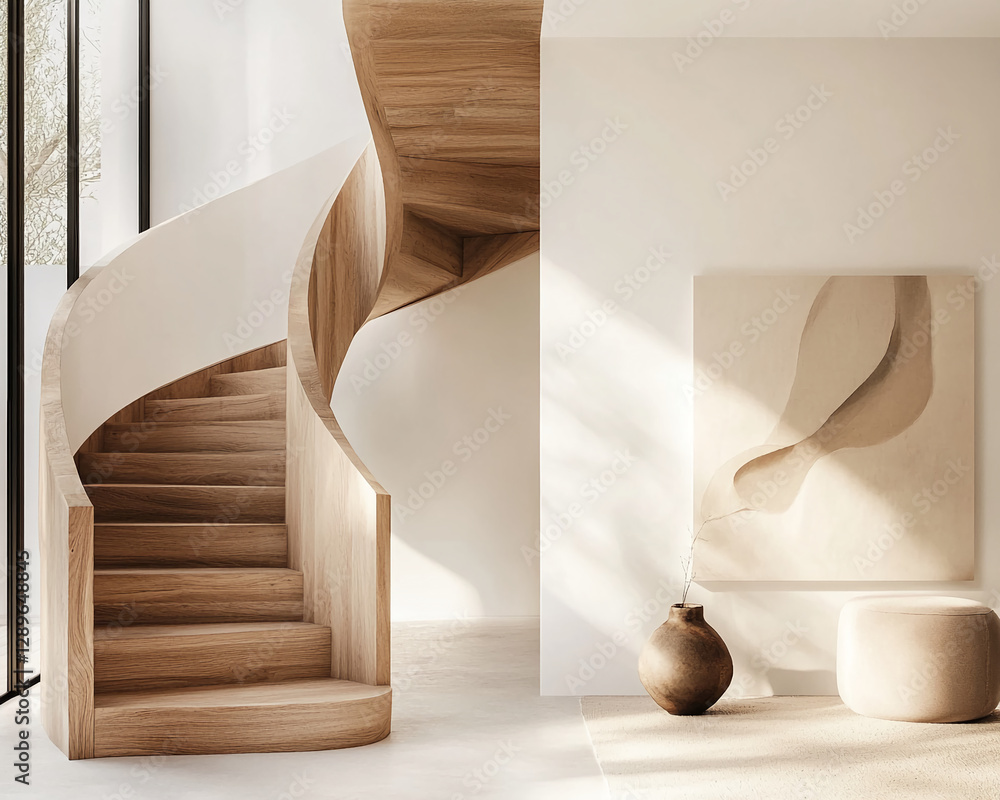 Poster spiral wooden staircase with light-colored walls, featuring a minimalist modern design with soft nat