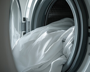 Close-up of  modern, high-efficiency ai powered washing machine with the door open, revealing freshly washed white beddings, bed sheets inside, pulled half out, in bright white clean laundry room
