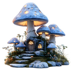 A Fluffy 3D Cartoon Fairytale Forest with Soft Glowing Mushroom House Isolated on Transparent Background