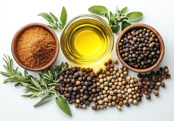 Assorted Spices and Herbs with Olive Oil in Wooden Bowls and on White Background for Culinary and Cooking Use