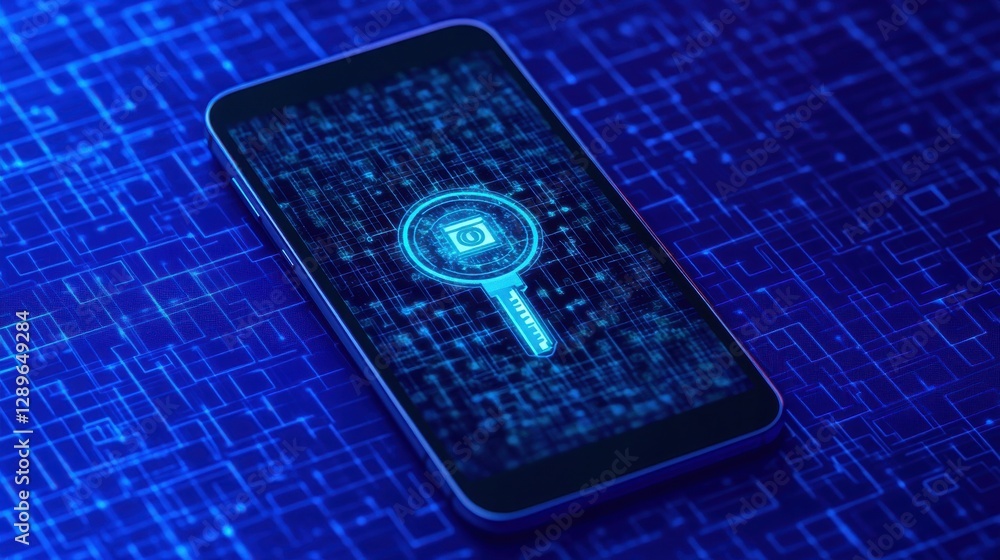 Poster smartphone displaying a digital lock symbol, representing advanced cybersecurity and mobile protecti