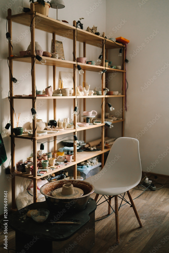 Poster Creating ceramics ware with own hands. Shelf with handmade clay cups and plates in the pottery studio.