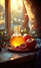 Golden drink with apples and pomegranate. AI.