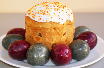 Easter cake and colored eggs, Orthodox holiday Easter.	