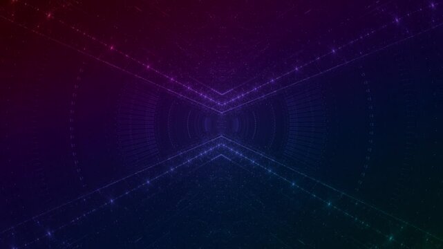 energievoll leuchtende Lichtpunkte bewegen sich langsam Richtung Zentrum, digitaler Datentransfer, Algorithmus, Internet, Datenfluss, Geschwindigkeit, Wandel, Austausch, violett, lila
