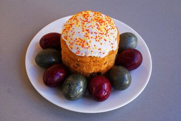 Easter cake and colored eggs, Orthodox holiday Easter.	
