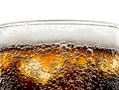 A close-up of overflowing cola fizz, bubbly and dark brown, cascading over the edge of an invisible glass, sparkling carbonation with tiny bubbles rising.