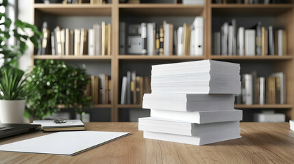 Blank white papers neatly stacked on a wooden office desk, ready for use in presentations and notes