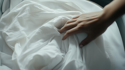 Close-up of hands grabbing, pulling freshly washed white beddings sheets inside modern, high-efficiency washing machine with the door open revealing, in bright white clean laundry room