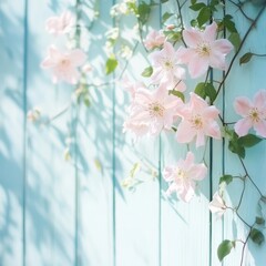 Roses, clematis on white, blue background.