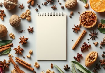 Blank Spiral Notepad Surrounded by Natural Spices, Dried Fruits, Nuts, and Botanical Elements on a Light Background, Perfect for Creative Projects