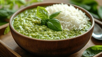 Spinach rice bowl, herbs, wooden tray, kitchen, healthy meal