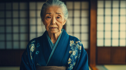 伝統的な和室で哀愁を漂わせる日本人の老婦人