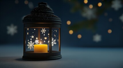 A warm candle glows serenely within an ornate lantern, etched with snowflakes, casting a peaceful winter's night glow against a softly blurred bokeh background.