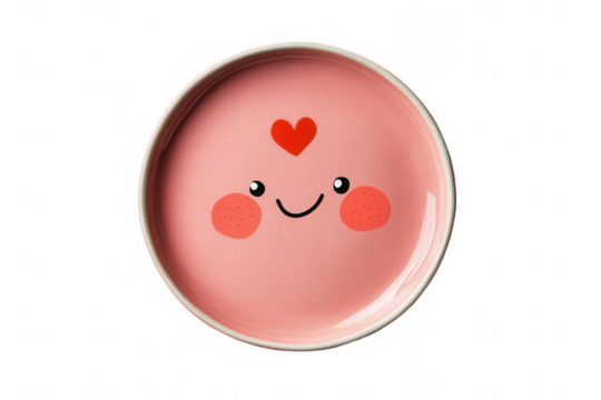 Cute pink plate featuring a smiling face with blush and a heart on a white background