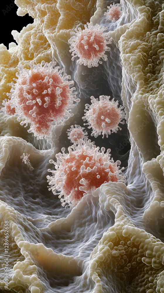 Poster microscopic view of cancer cells attacking human cells, depicting the complex and destructive nature