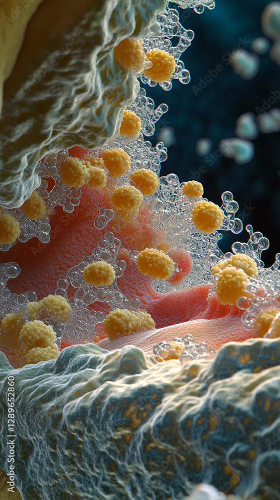 Poster close-up microscopic view of immune cells attacking and destroying a cancerous cell, illustrating im