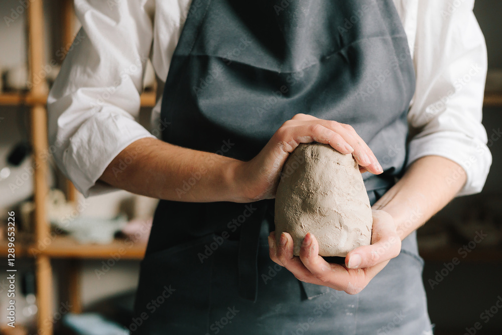 Poster process of creating ceramic products. potter holds a piece of wet clay in their hands, molds it into