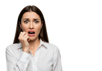 A woman in fear isolated on transparent background, scared girl png