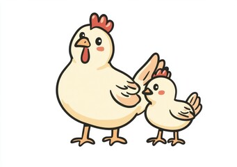 Cute Yellow Hen and Chick Cartoon Illustration