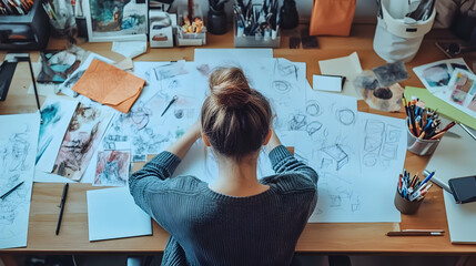 Creative individual at a cluttered desk brainstorming ideas, surrounded by sketches and inspiration