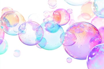 Floating Pastel Soap Bubbles with Iridescent Rainbow Shimmer on White
