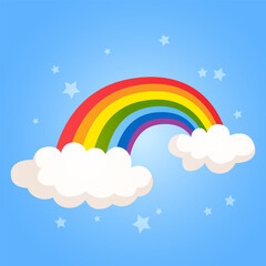 Cartoon vector colorful rainbow with clouds and decorative stars shape isolated on white background.
