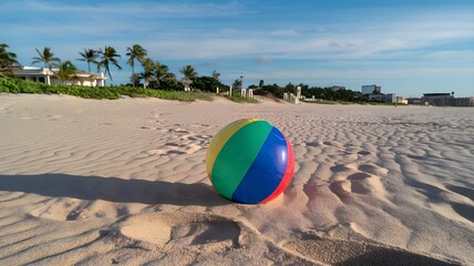 A colorful striped beach ball sits on the sand, with palm trees and buildings in the background, creating a relaxing beach scene.