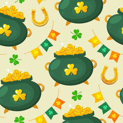 Creative St. Patrick's day seamless pattern with irish flag, golden coins, leprechaun hat and shamrocks isolated on dark green background.
